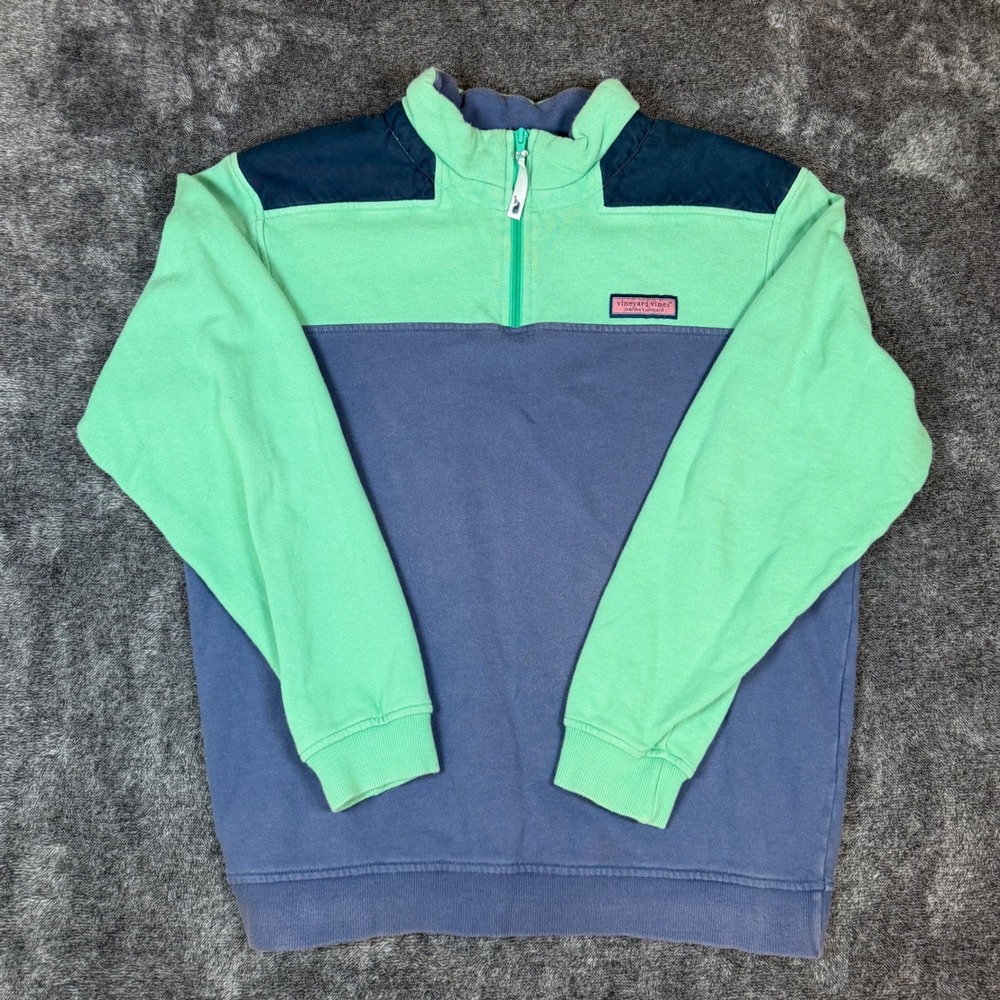 Vineyard Vines Mens M Shep Shirt 1/4 Zip Colorblock Pullover Green Blue Cotton